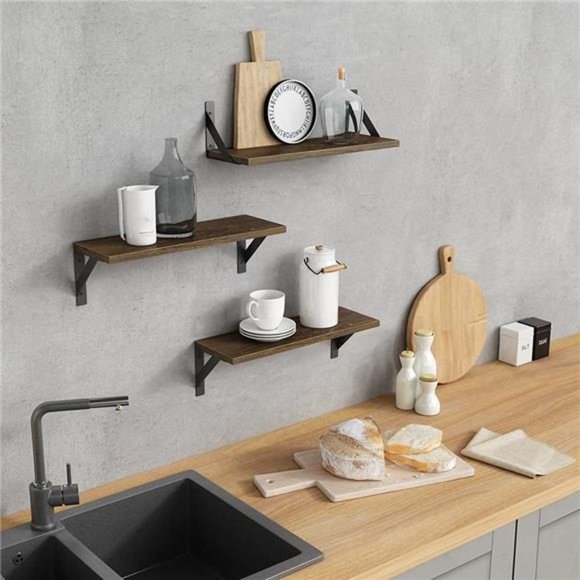 Rustic Floating Shelves Wall Mounted Set of 3, 17 Inch Natural Wood Wall Shelves - Picture 3 of 5